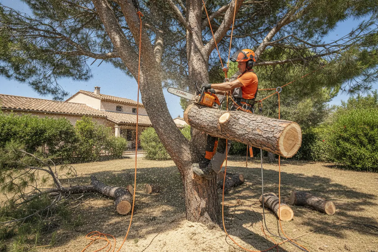Élagueur démontant un arbre dangereux par rétention à Perpignan