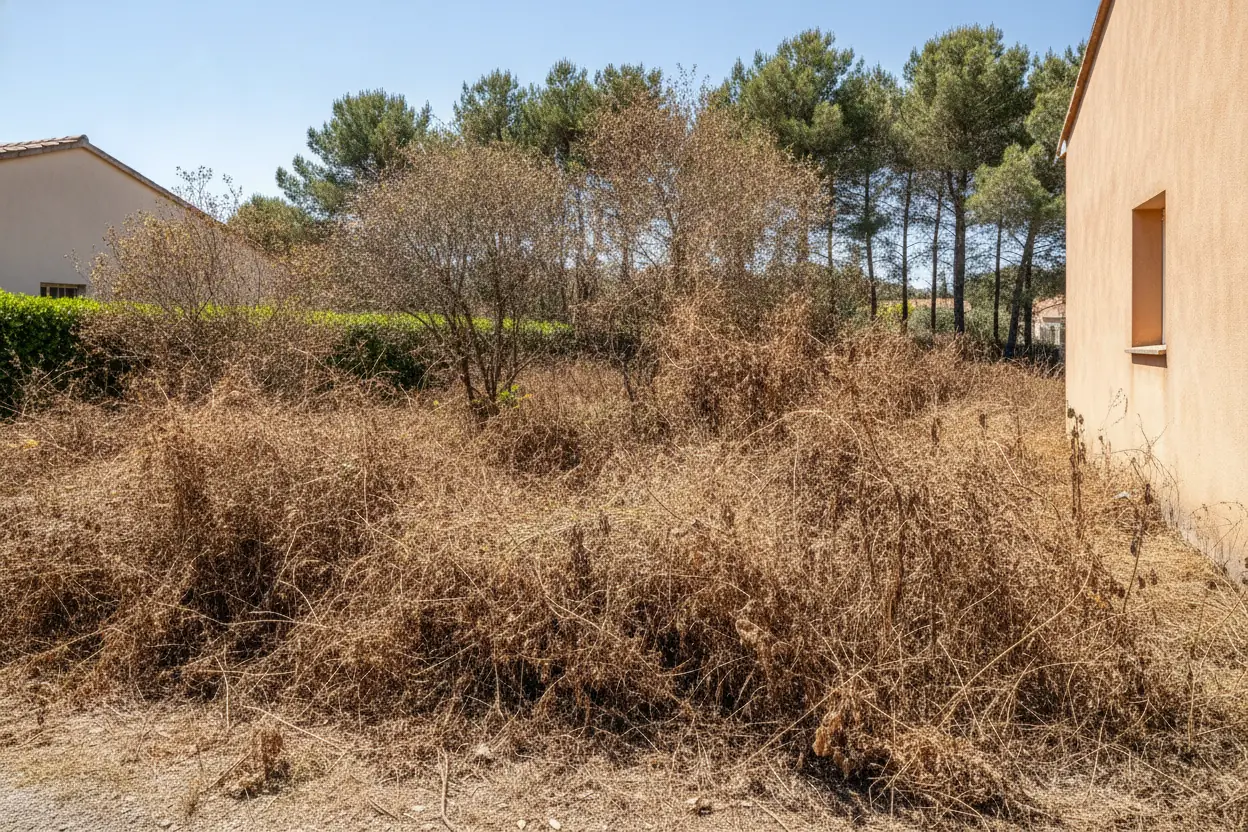 Terrain envahi de broussailles et ronces avant débroussaillage à Perpignan