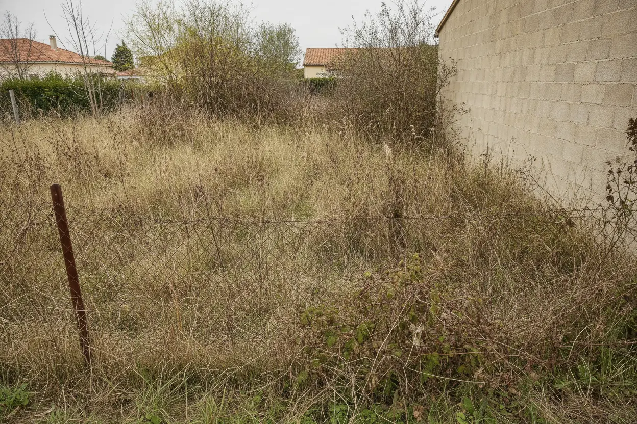 Terrain en friche avec rejets ligneux avant débroussaillage à Perpignan