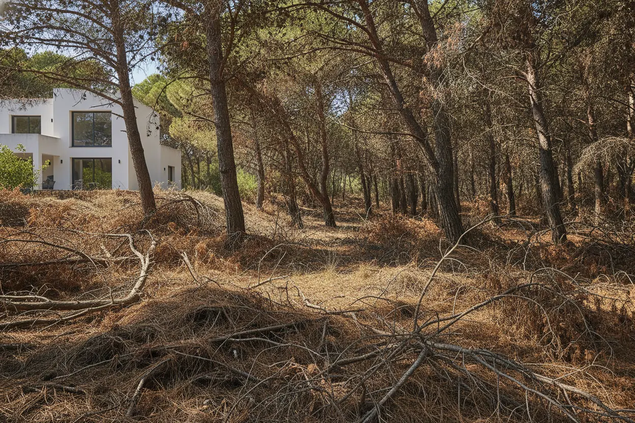 Terrain jonché de branches après tempête avant débroussaillage à Perpignan