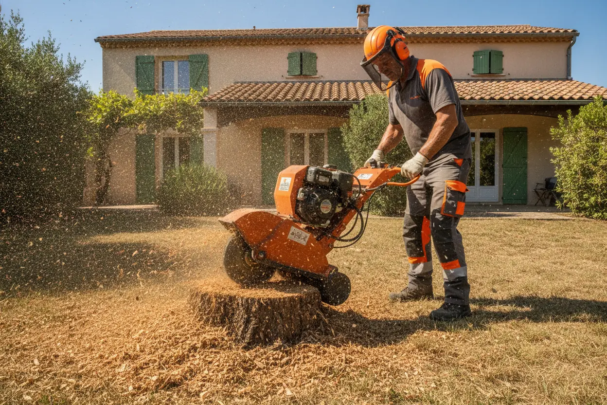 Rognage de souche d'arbre dans un jardin à Perpignan
