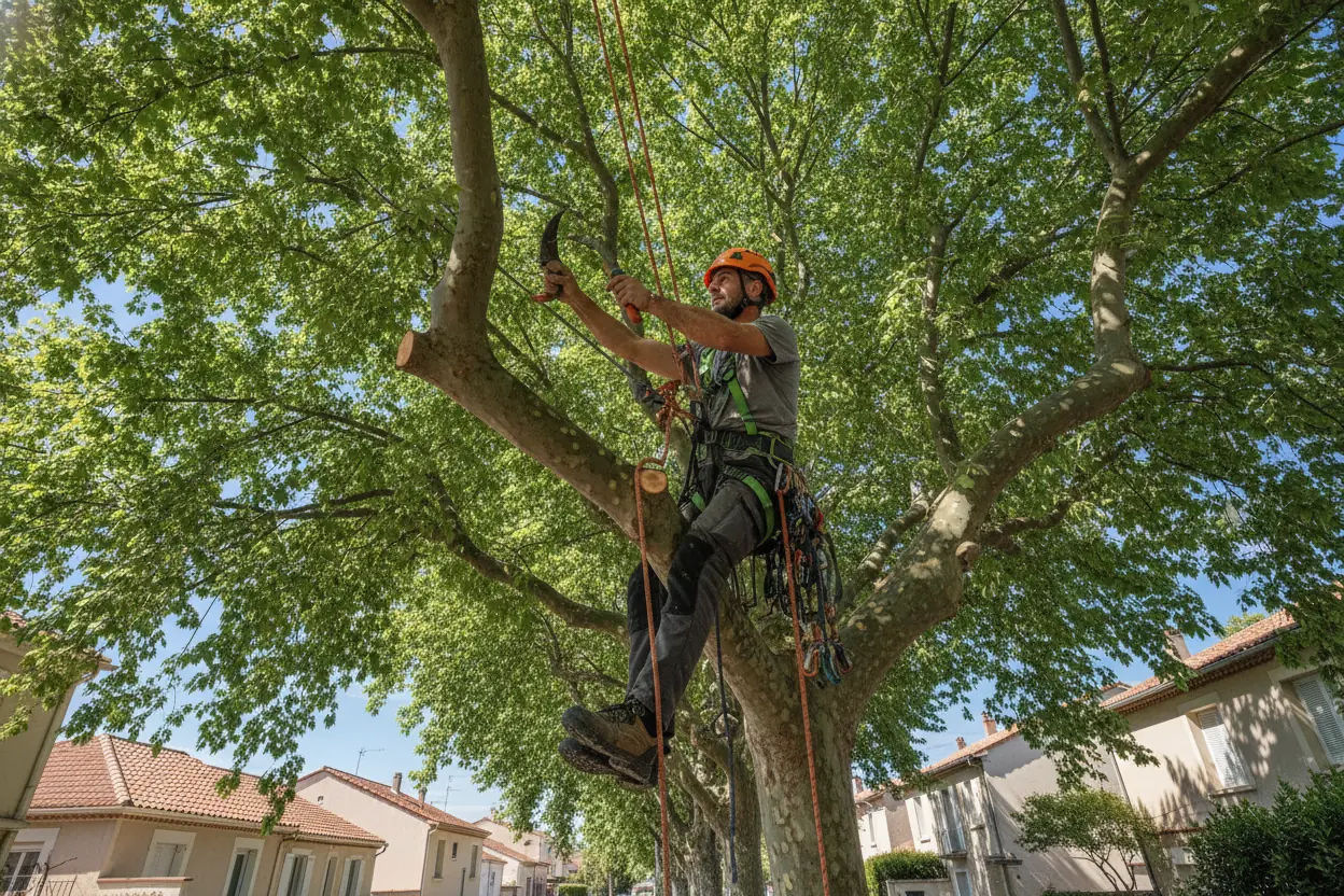 Arboriste grimpeur taillant un arbre à Perpignan