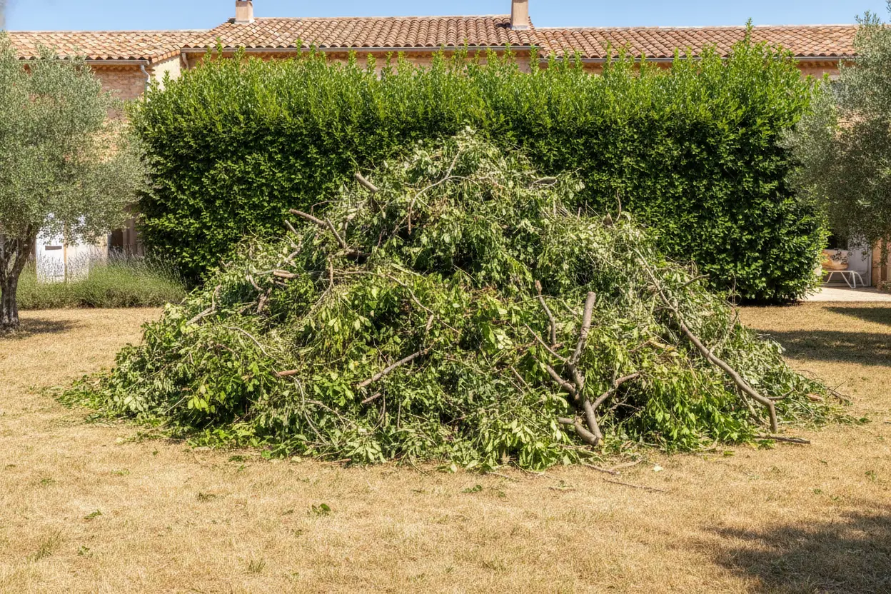 Tas de branchages de haie avant broyage au Vernet