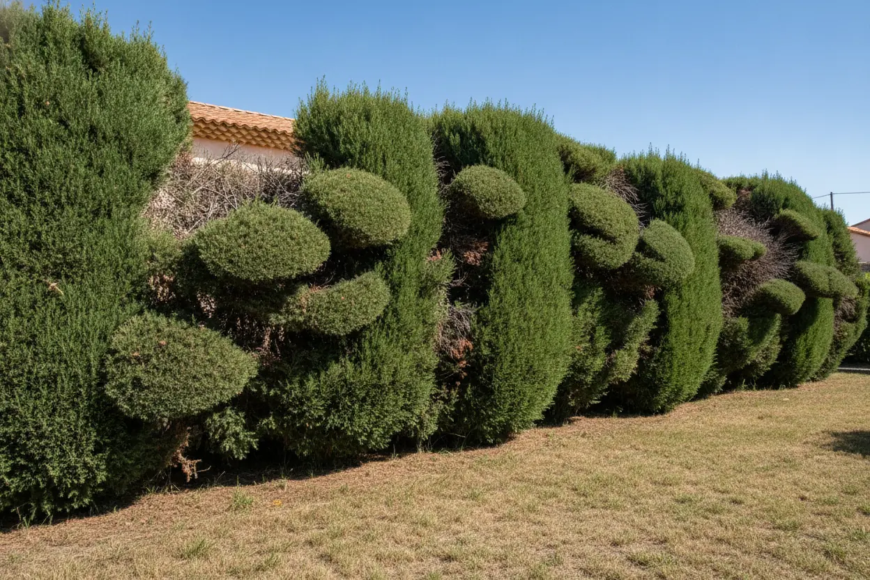 Haie de cyprès envahissante avant taille au Vernet à Perpignan