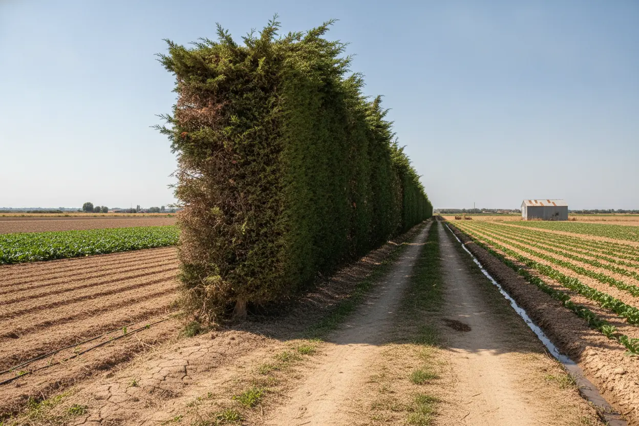 Haie brise-vent haute et irrégulière en zone agricole Bompas