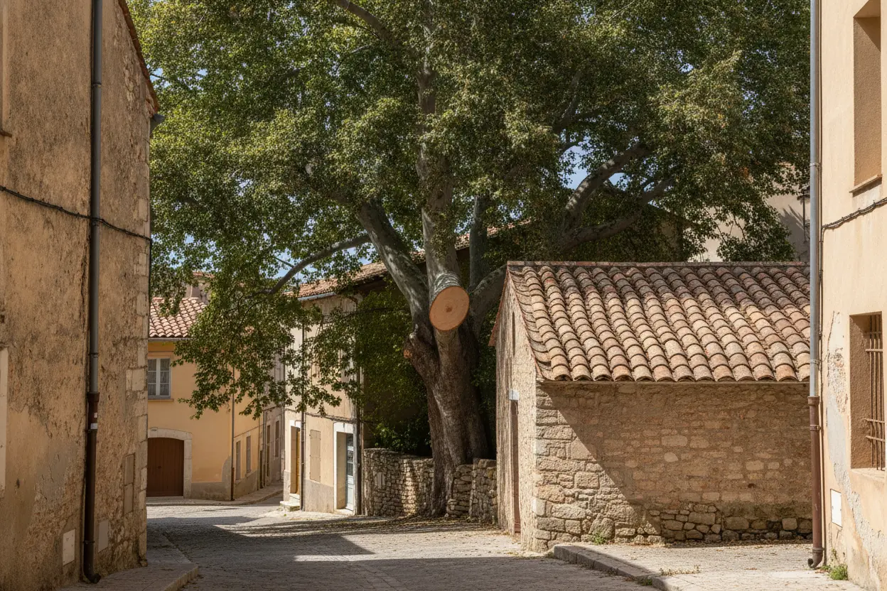 Platane taillé et allégé après intervention à Rivesaltes