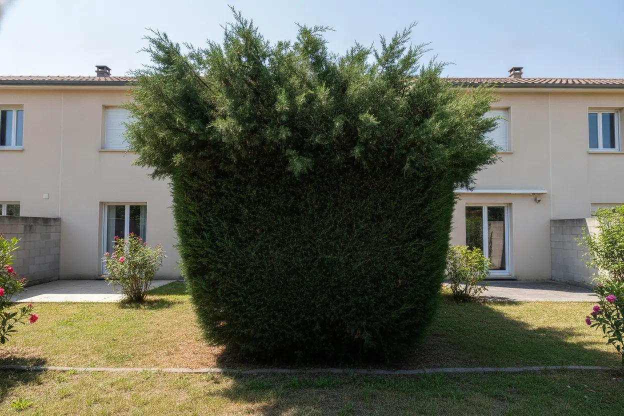 Haie de cyprès trop haute en limite de propriété à Saleilles